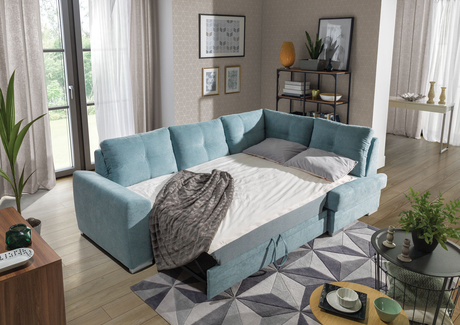 Ecksofa mintblau mit Schlaffunktion und Bettkasten - Verona mini