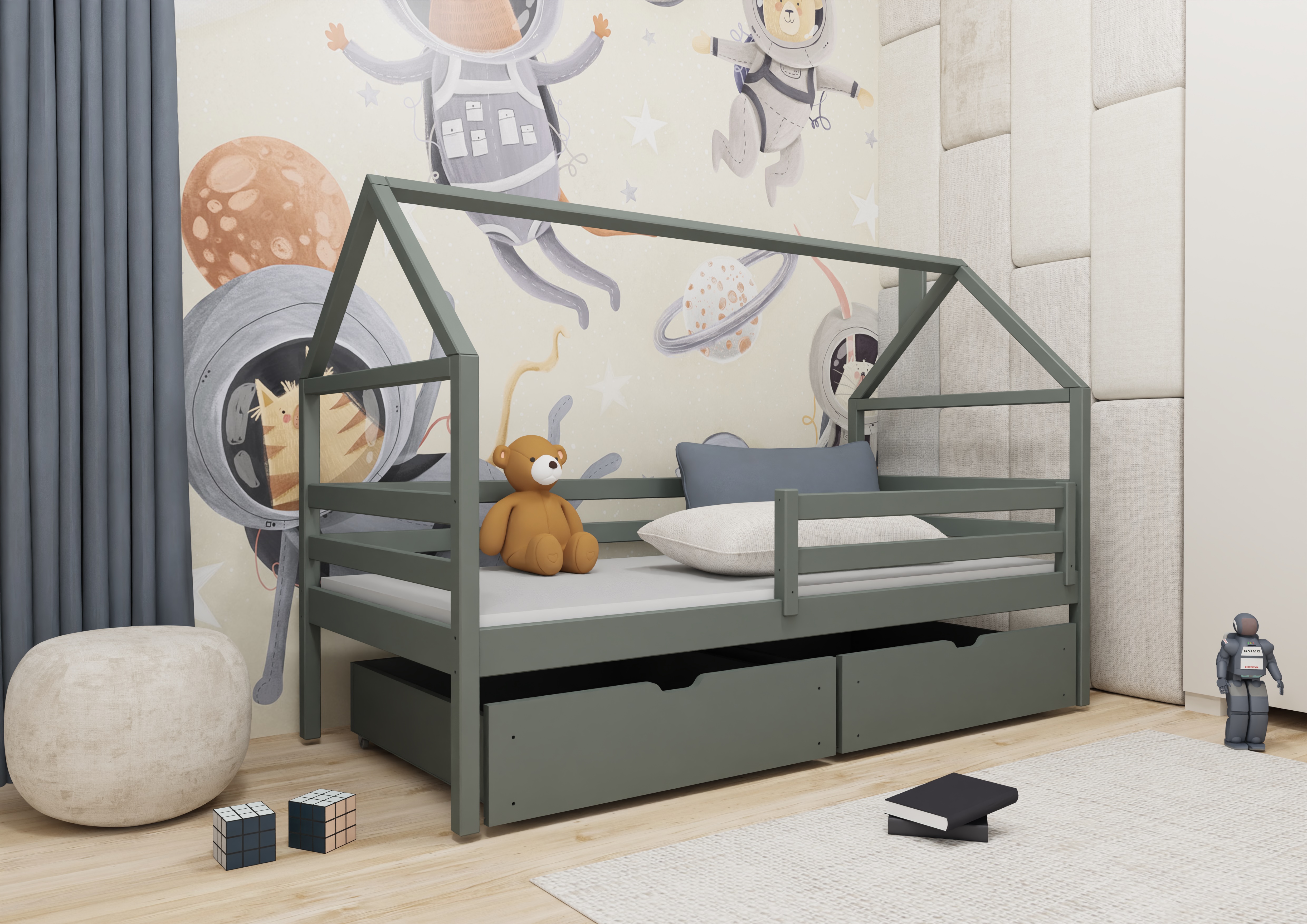 Hausbett 90x200 Aron mit 2 Schubladen graphit