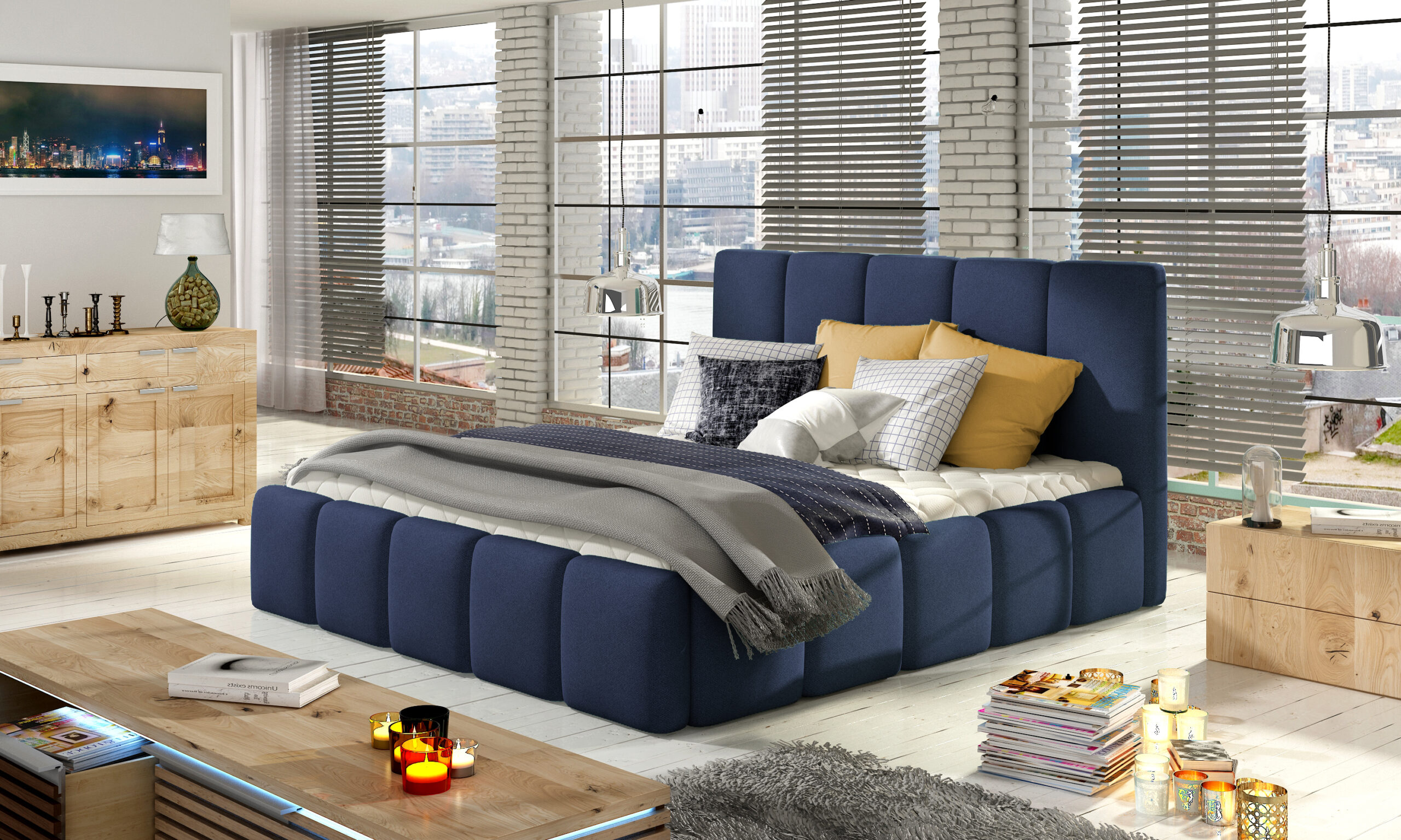 Polsterbett blau webstoff mit Bettkasten & Lattenrost - Belluno 140x200 160x200 180x200