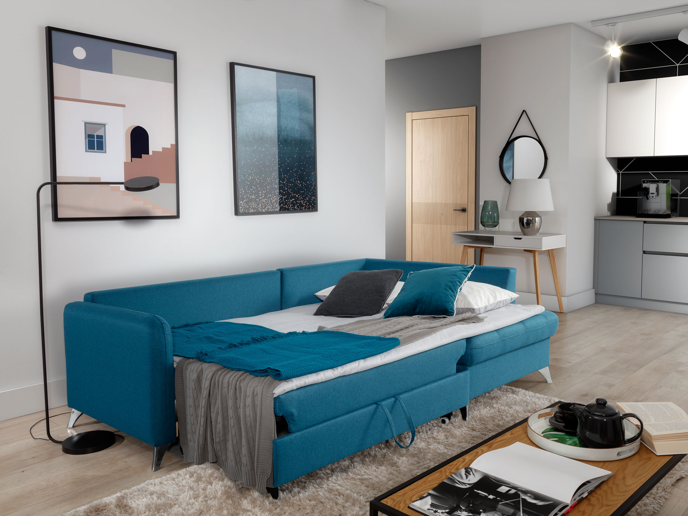 ecke sofa l-form mit schlaffunktion blau