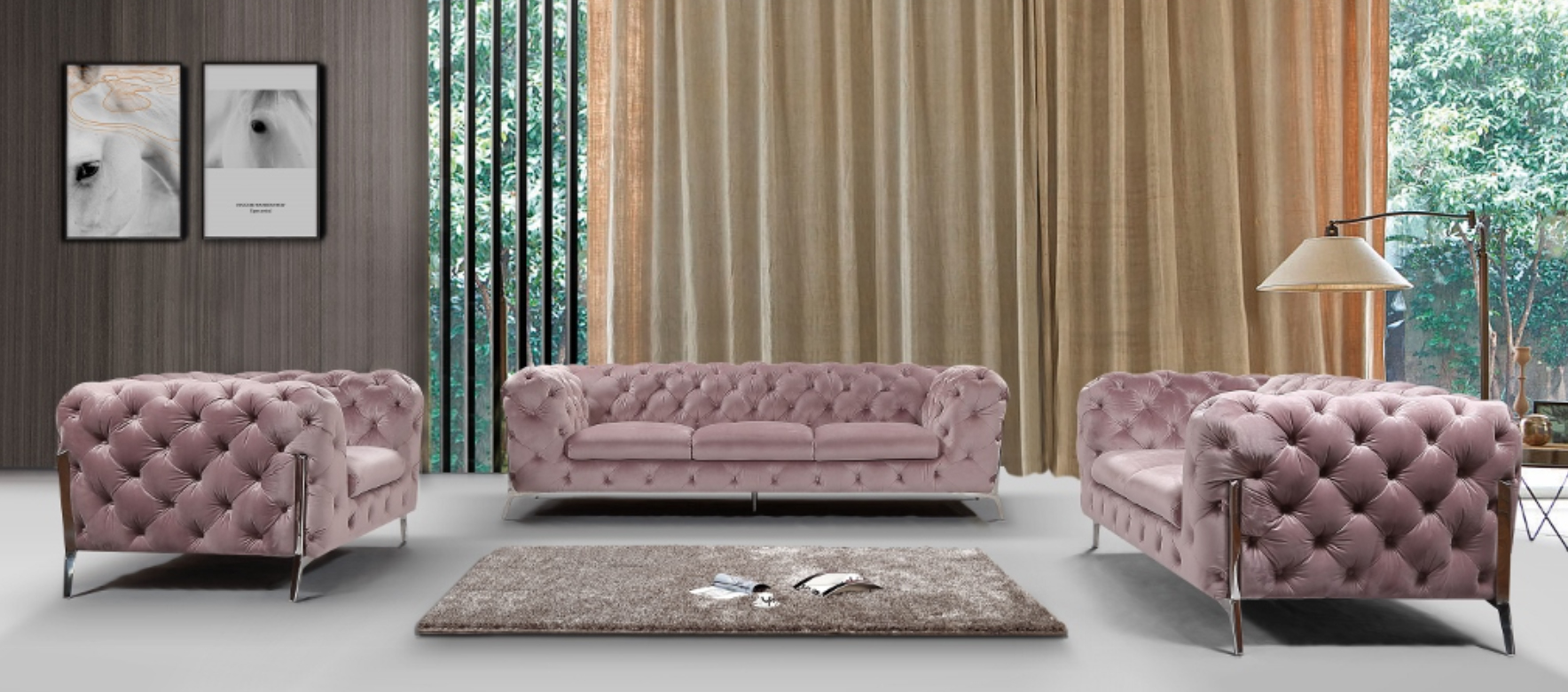 Sessel sofa Chesterfield Lasvegas samt rosa mit silber fusse