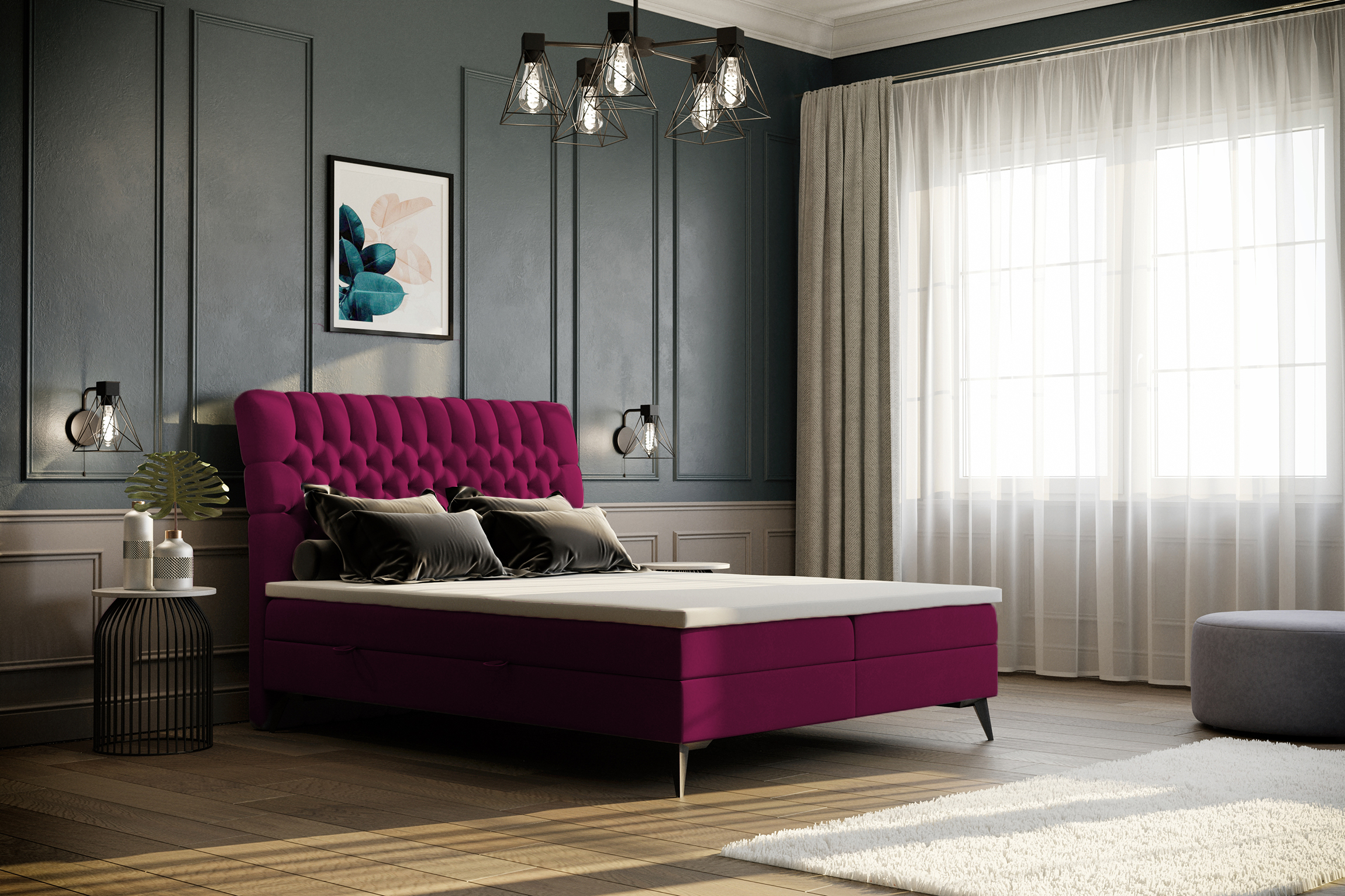 Chesterfield Boxspringbett mit 2 Bettkasten Elegante violett rot