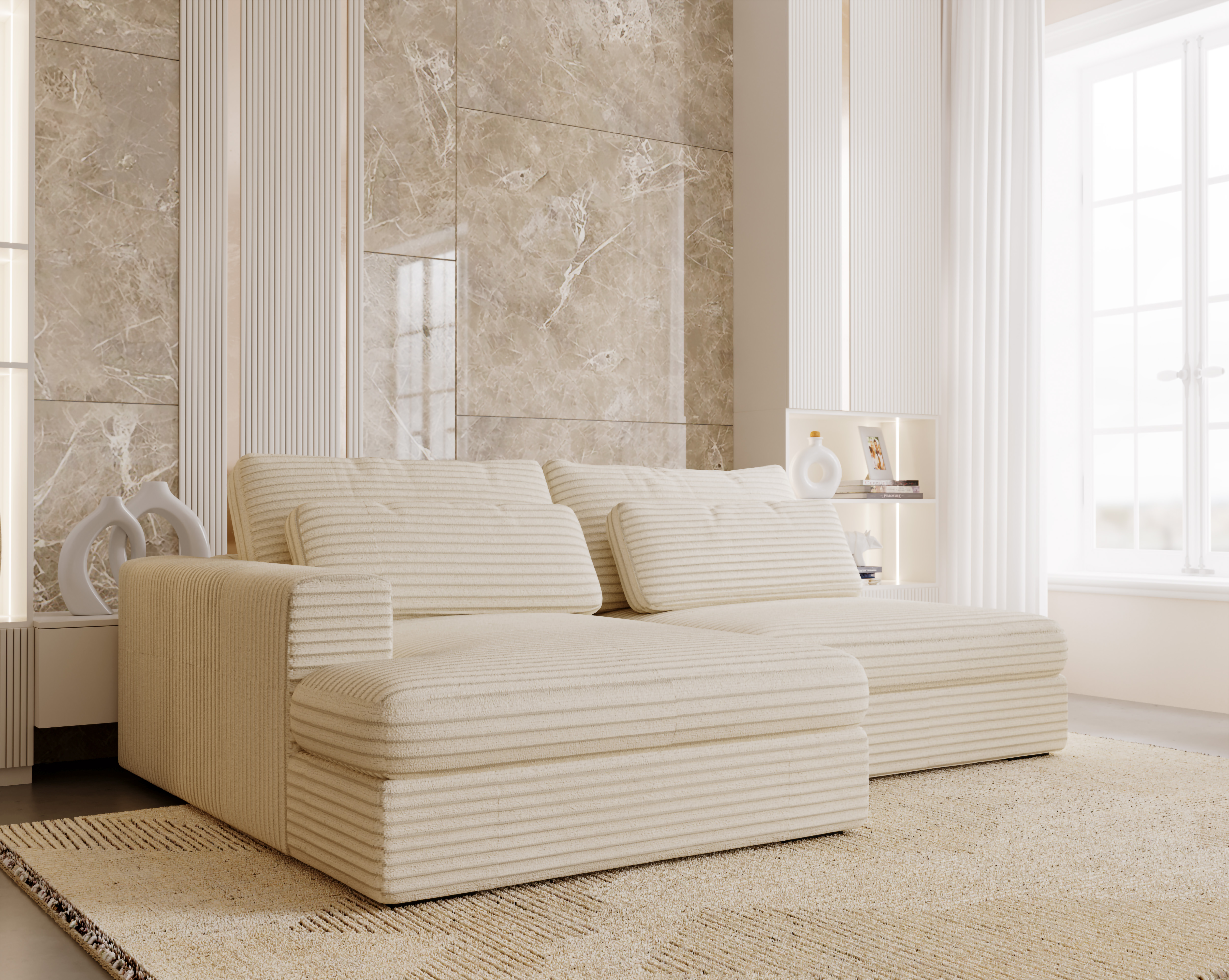 Ecksofa mit Schlaffunktion Beige CORD & Bettkasten Ecksofa mit Schlaffunktion Beige CORD & Bettkasten