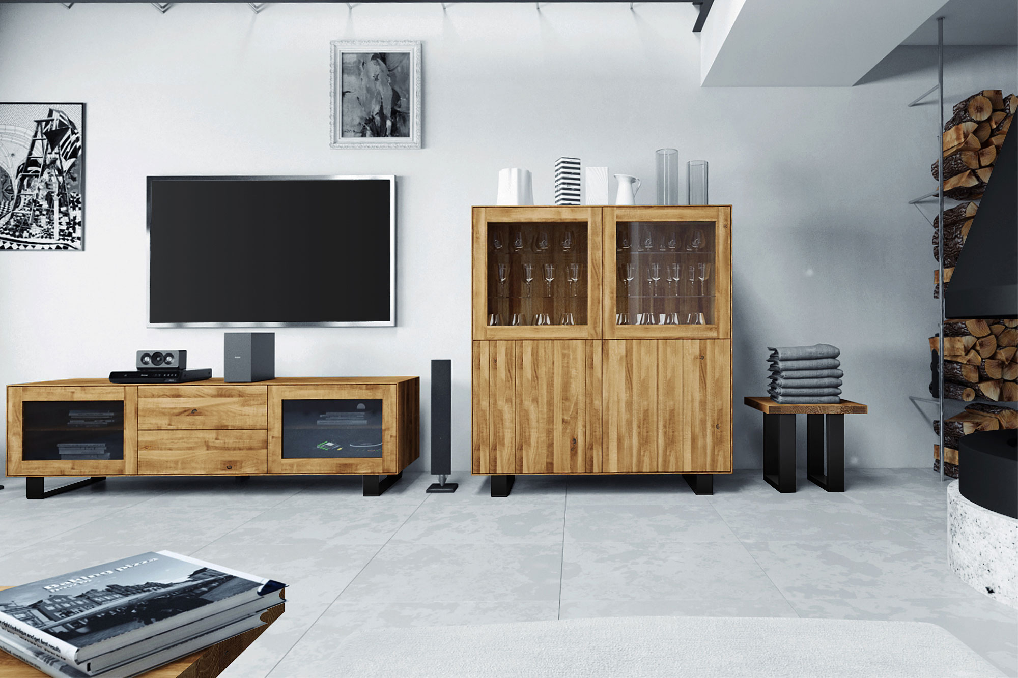 TV-Schrank Eiche massiv mit 2 Schubladen & Glas STEEL wohnzimmer luxury