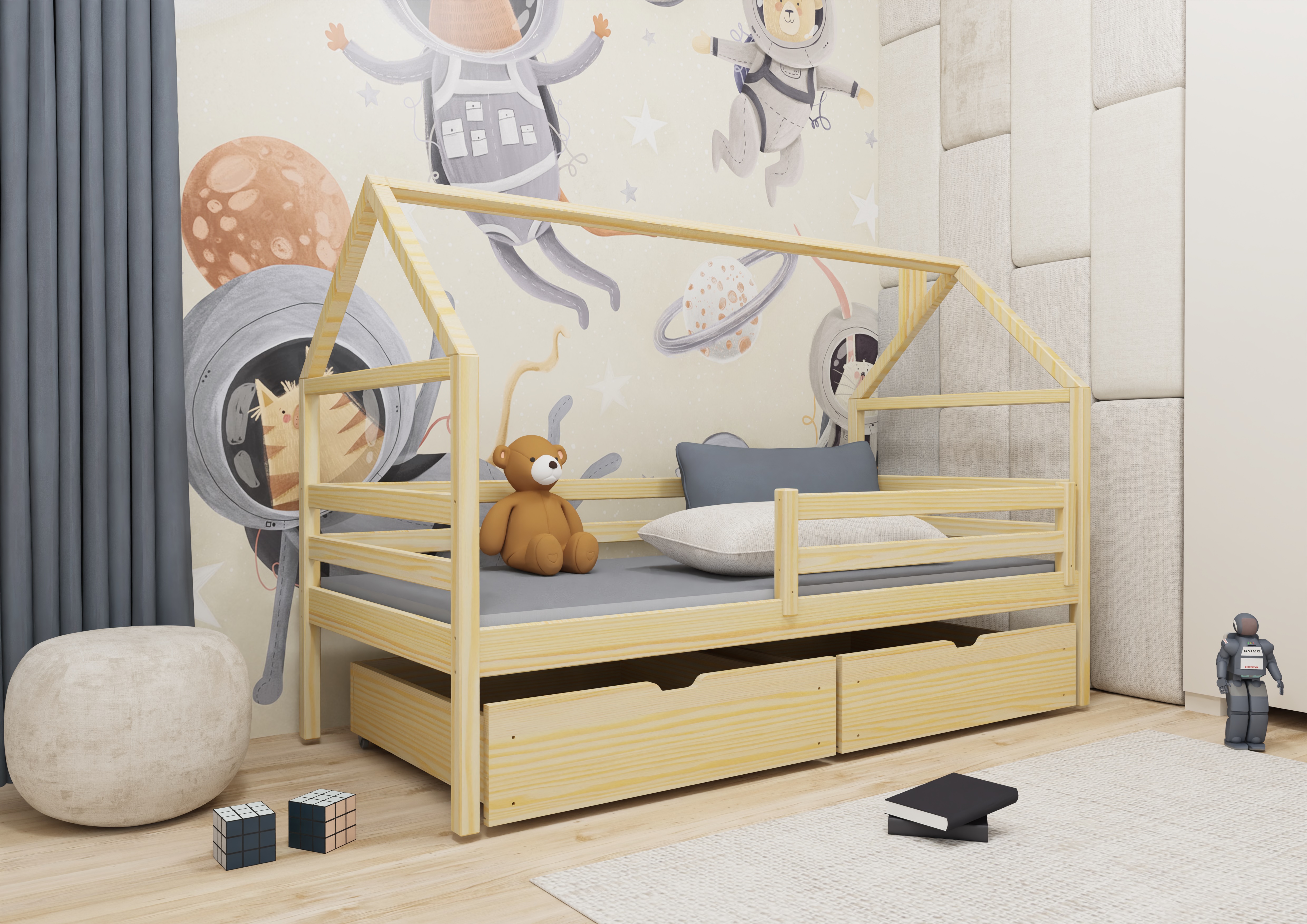 Hausbett 90x200 Aron mit 2 Schubladen natur