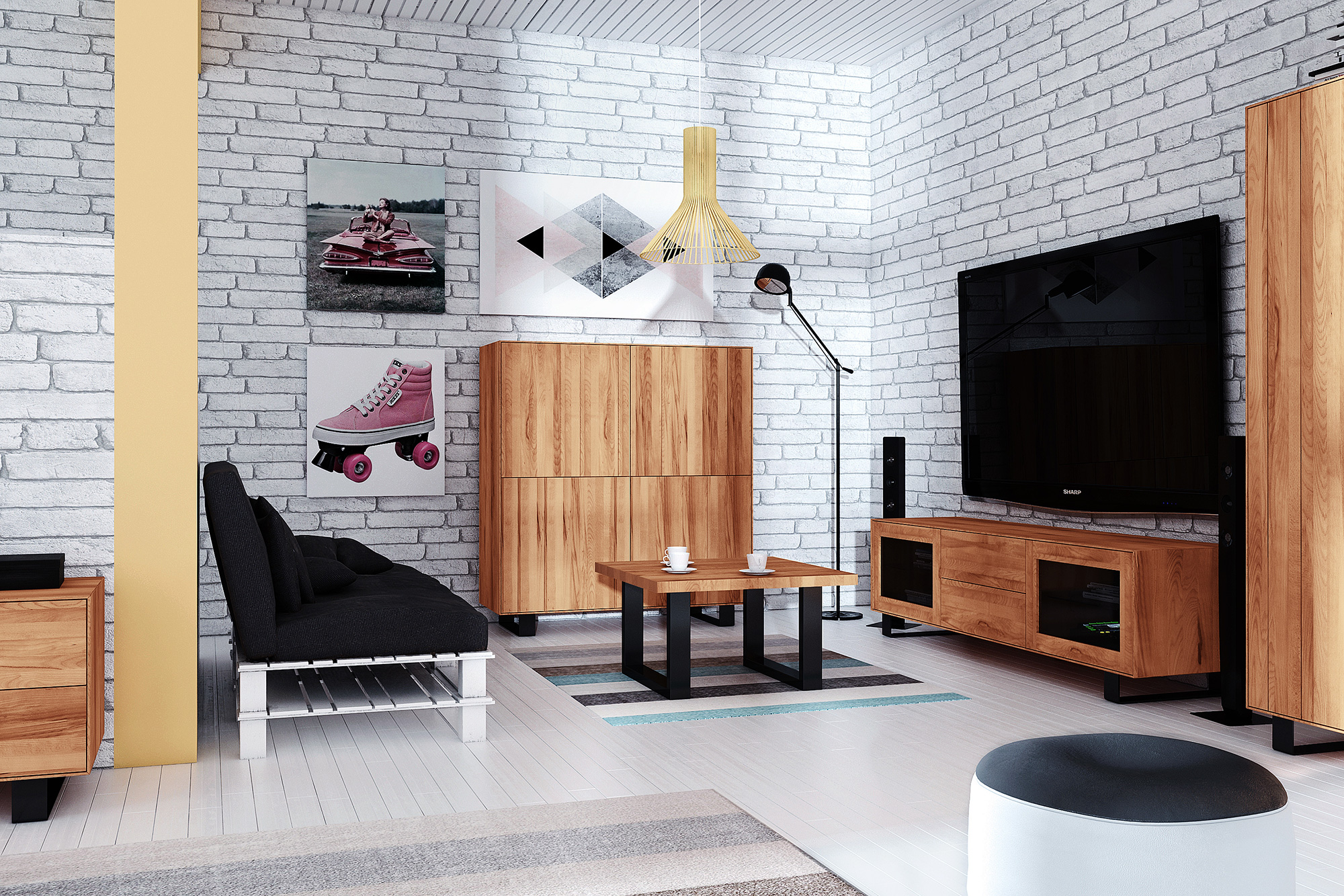 TV-Schrank Eiche massiv mit 2 Schubladen & Glas STEEL wohnzimmer