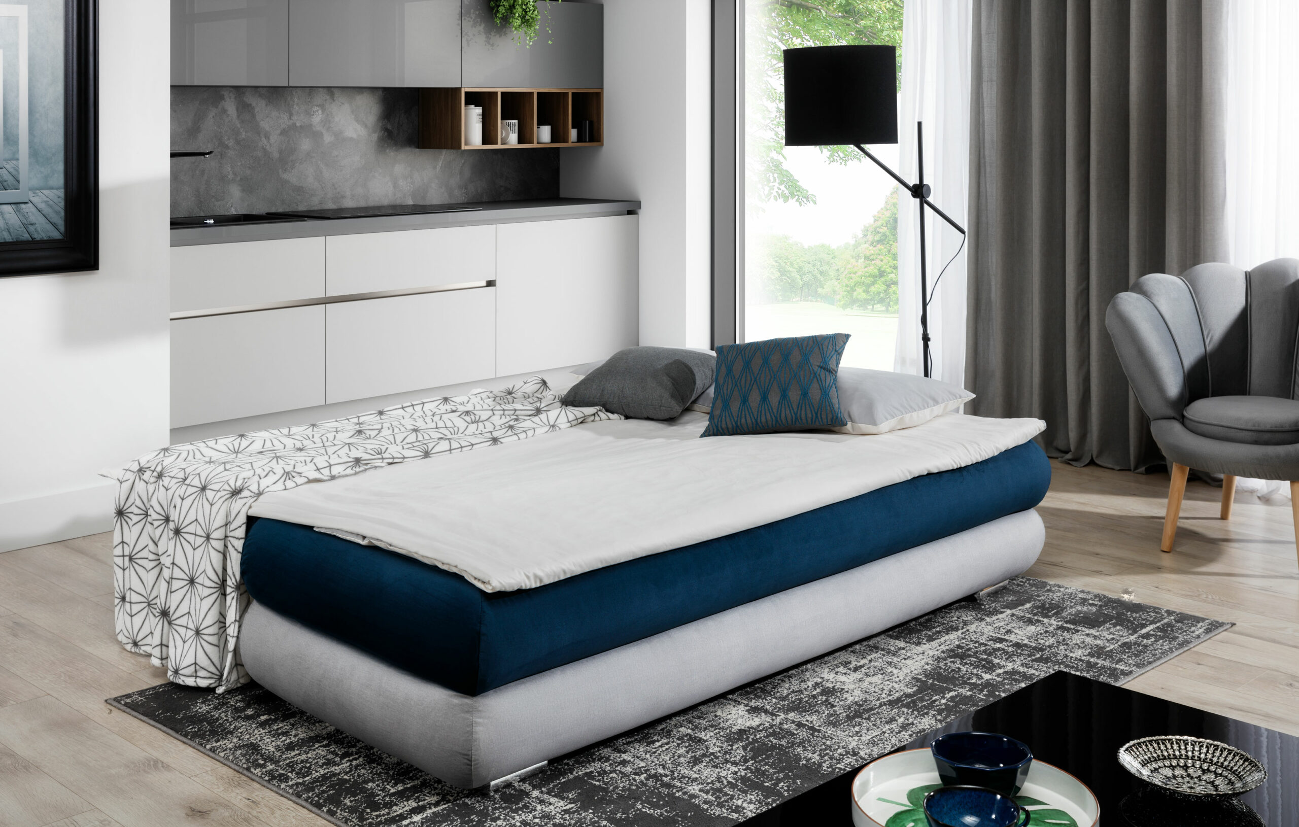 Schlafcouch mit Bettkasten - grau mit blau - Mars