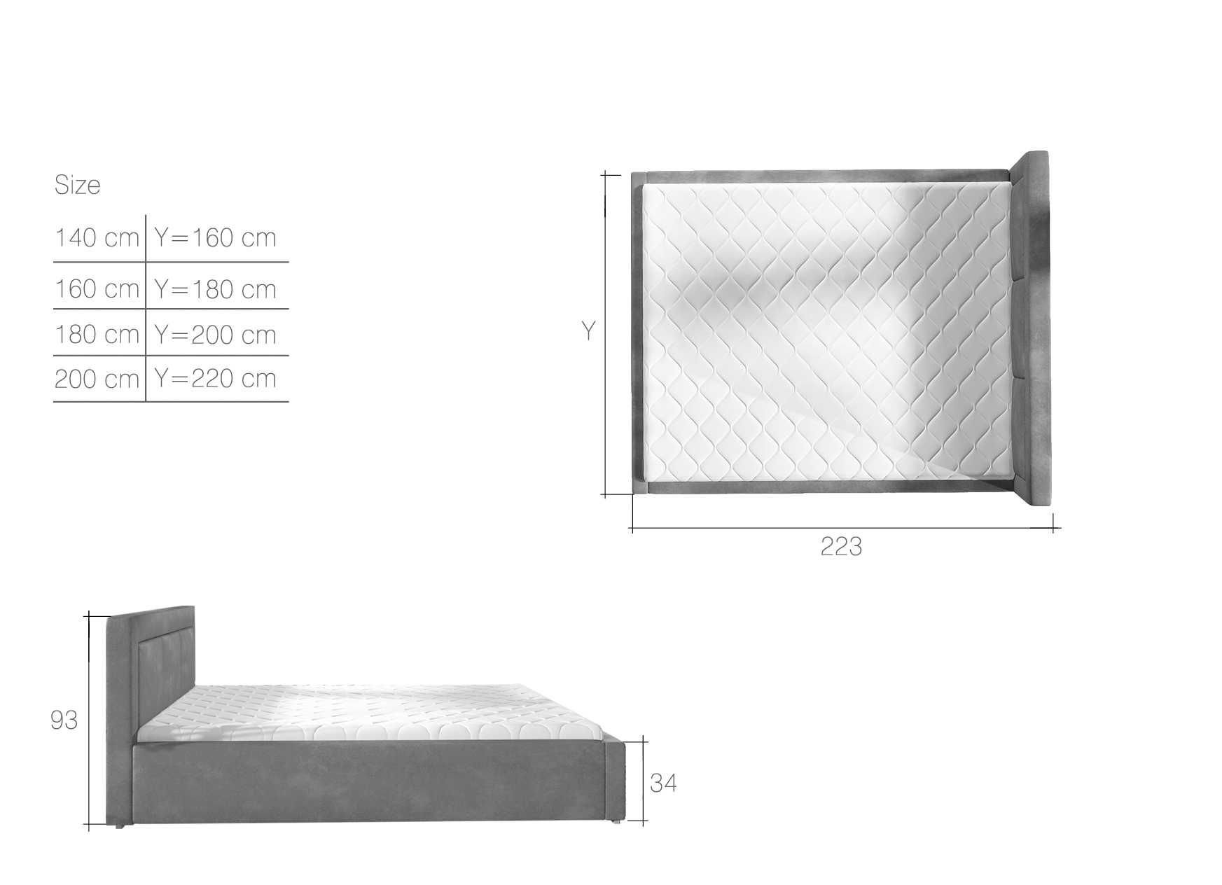Polsterbett mit Bettkasten & Lattenrost webstoff grau - Monica 140x200cm 160x200 180x200 200x200