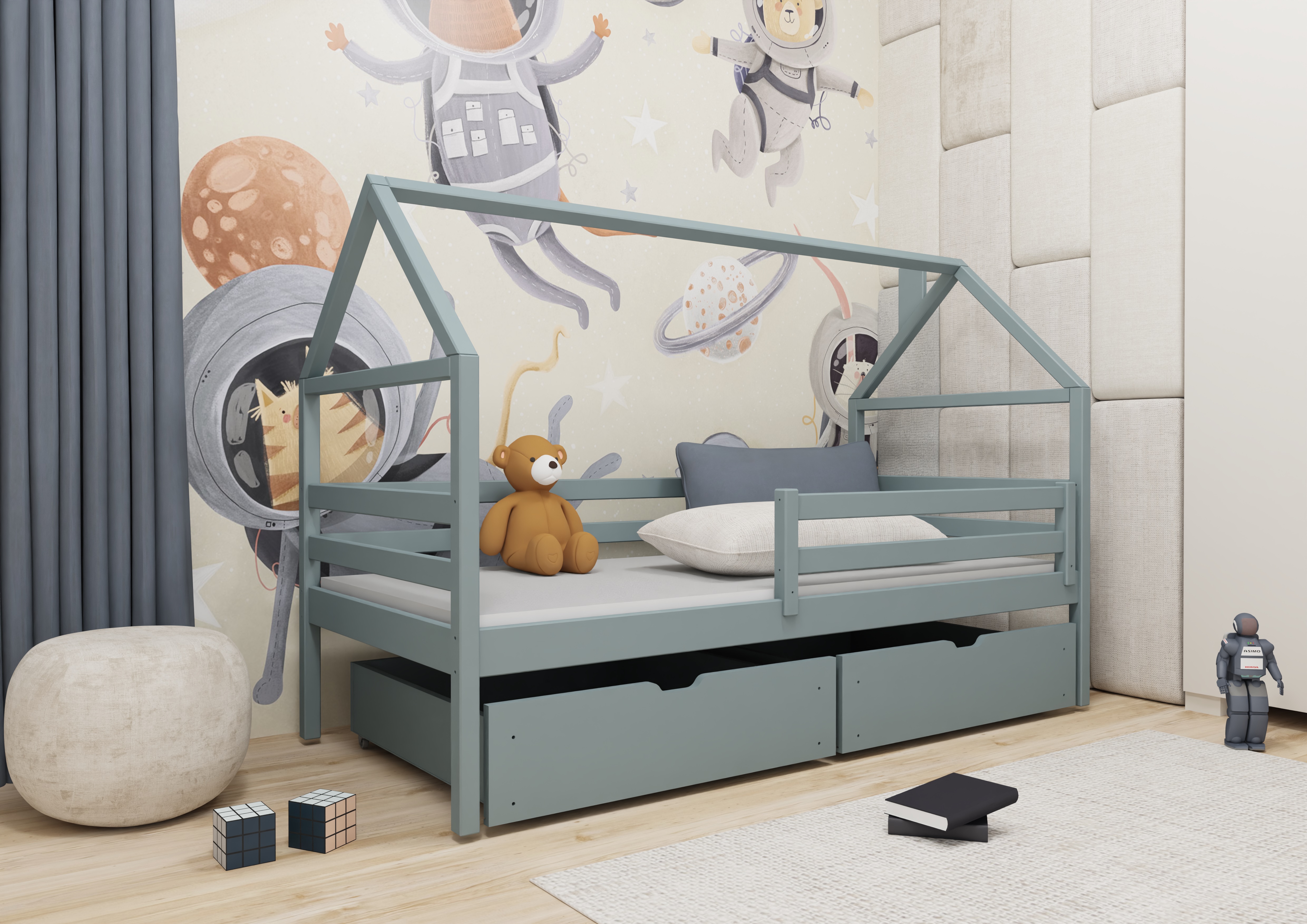 Hausbett 90x200 Aron mit 2 Schubladen grau